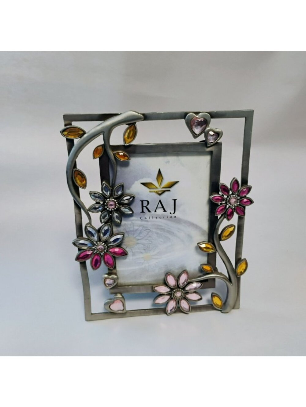 Silver Pewter Picture Frame With Rhinestone Floral Heart Accents 7x5 Raj Collect - Picture 2 of 5